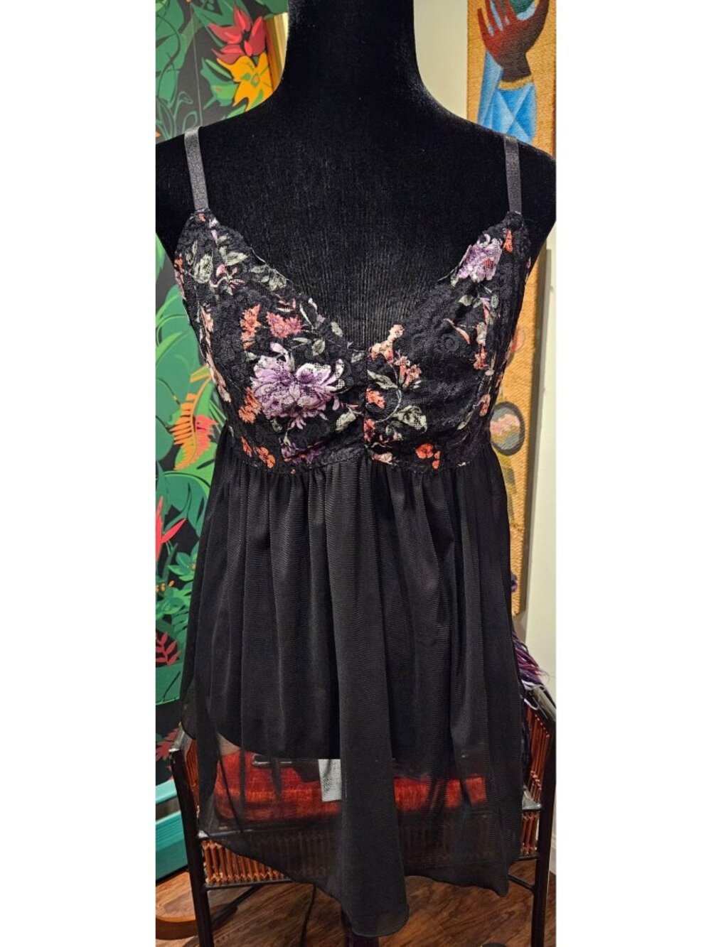 NEW Torrid Black Floral Lace Babydoll Top With Sheer Flowy Hem Size 1